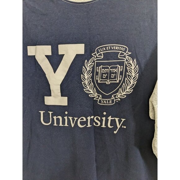Yale University Mens XL Yale T Shirt Graphic Tee Raglan Sleeve Navy Blue Gray - Picture 3 of 4